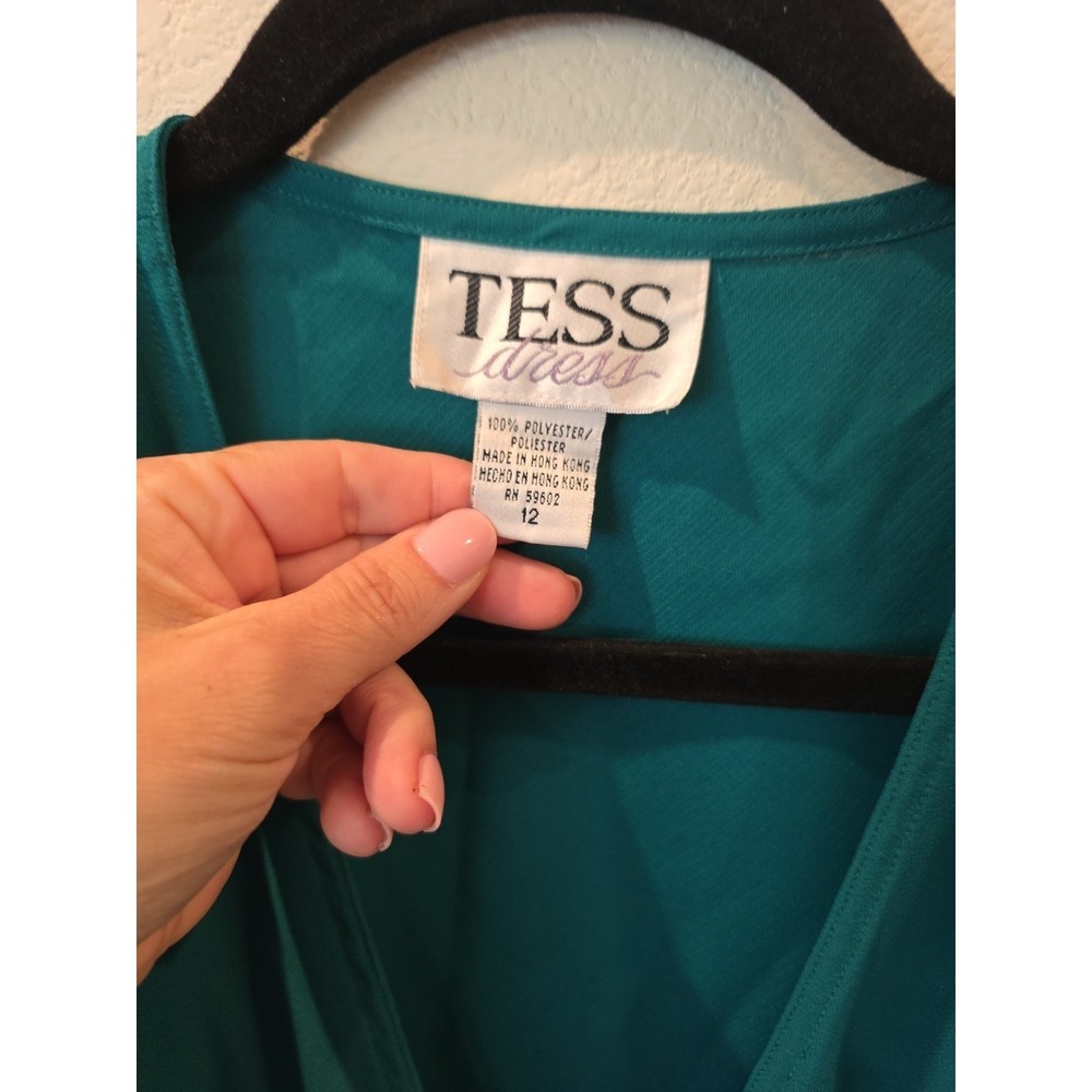 VTG 90's Wrap Dress Shoulder Pads Sz 12 Side Tie "Tess Dress" Green Knee Length - Picture 3 of 6